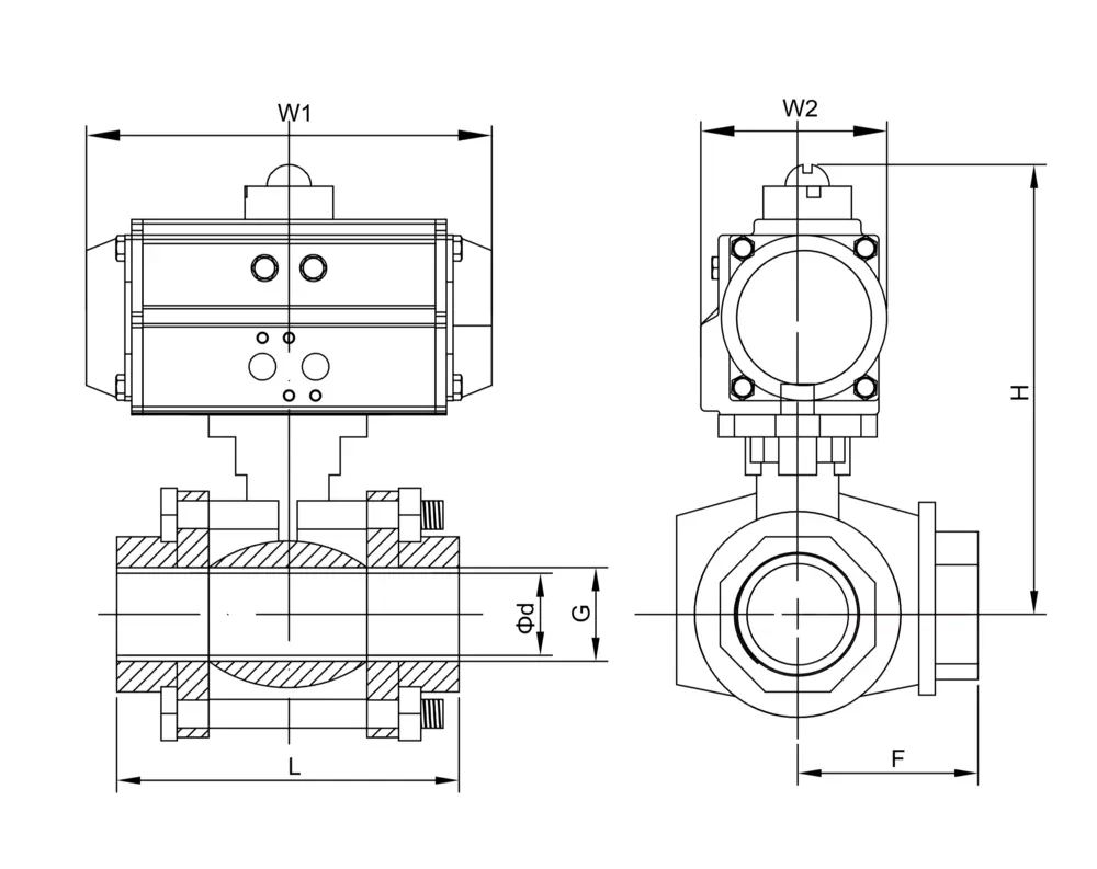 Pneumatic Three Way Ball Valve 5 气动三通内螺纹球阀尺寸图