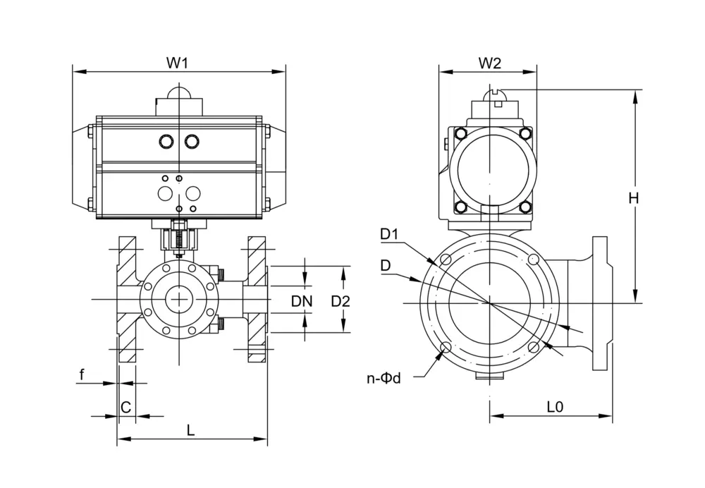 Pneumatic Three Way Ball Valve 4 气动法兰三通球阀尺寸图