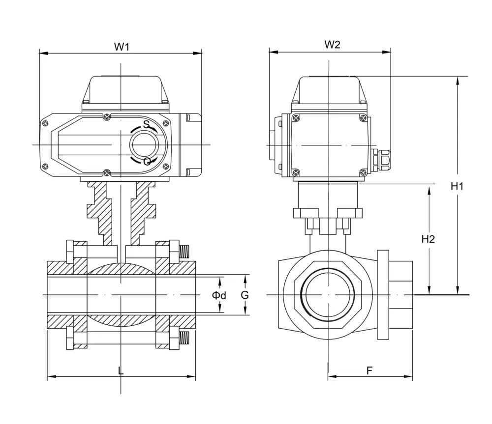 Electric Three Way Ball Valve 10 电动内螺纹三通球阀尺寸图